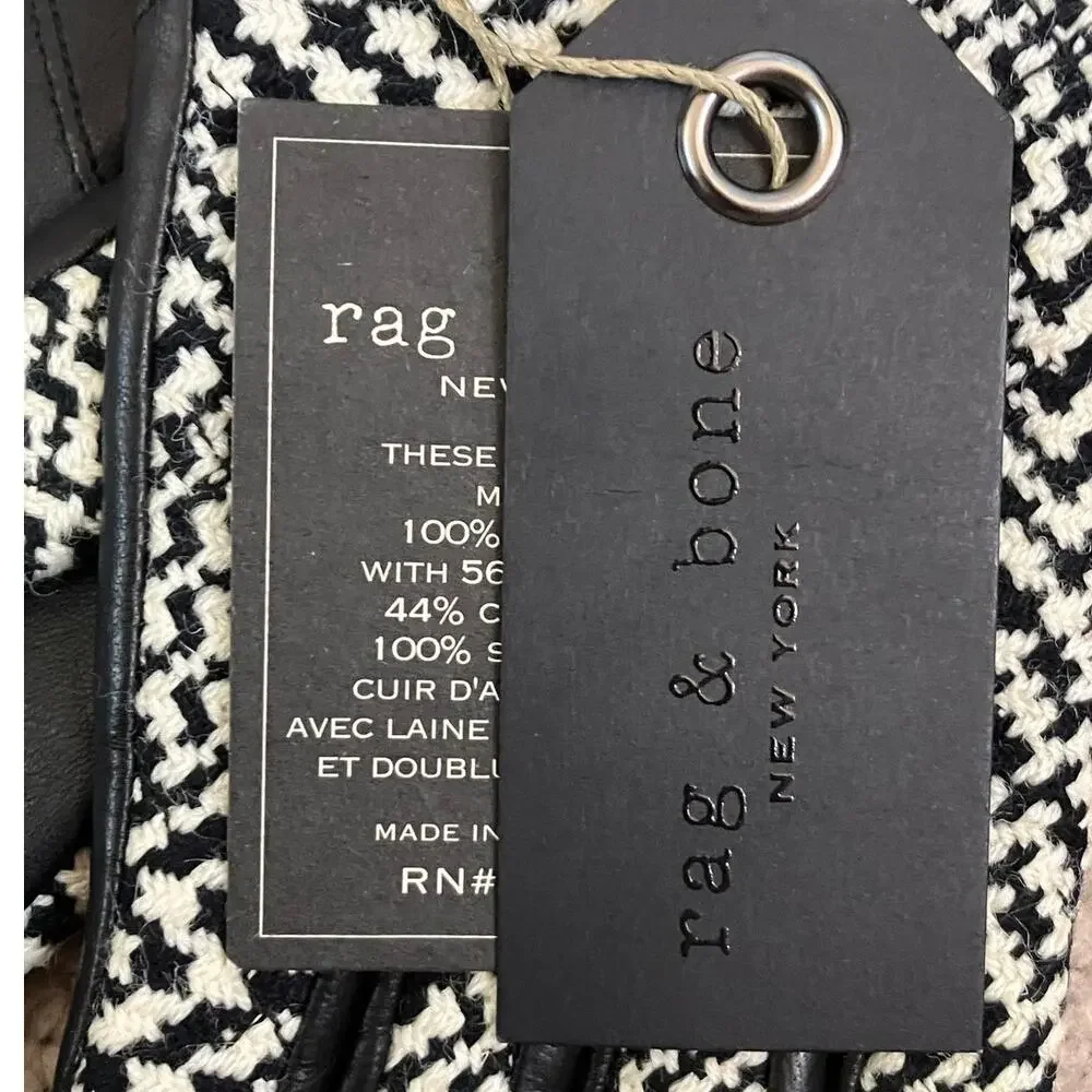 New Rag & Bone Houndstooth Black White Lambskin Beacon Gloves Size 6.5